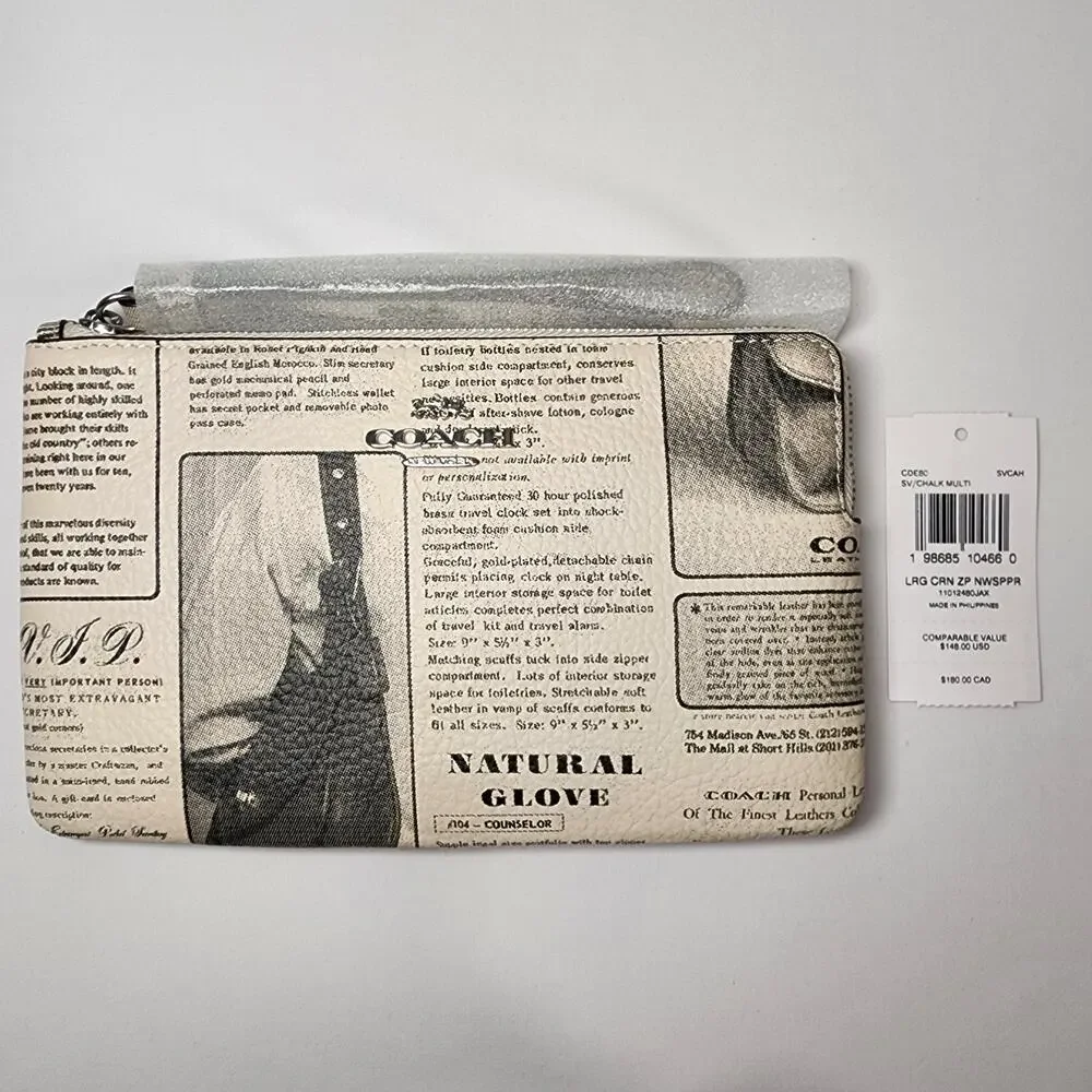 NWT COACH CDE80 Heritage Large Corner Zip Wristlet Newspaper Print v2